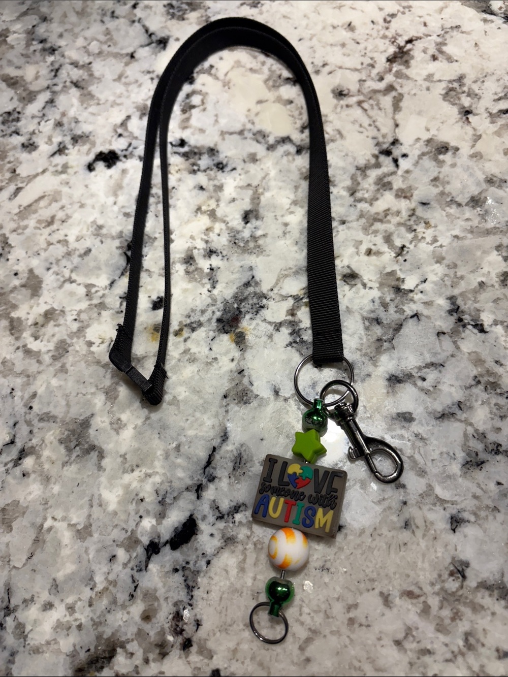 Hand Crafted Black Lanyard Key & Card Holder with Multicolor Autism Beads
